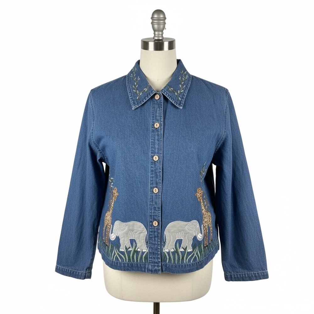 TanTrums Denim Shirt PM Embroider Safari Animals Giraffe Elephant Jungle Vintage